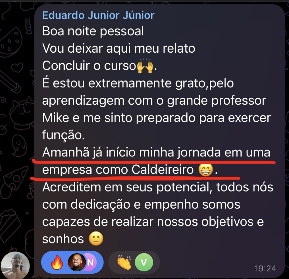 Print de aluno que concluiu o curso e iniciou em uma empresa como caldeireiro