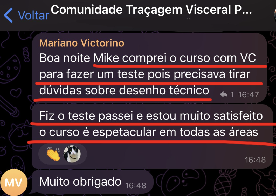 Print de aluno aprovado em teste depois de estudar desenho técnico no curso