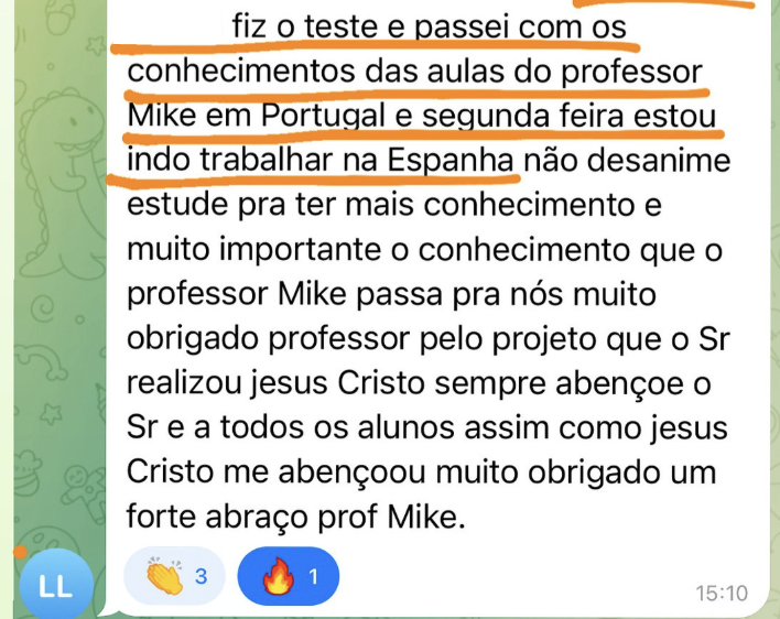 Print de aluno que passou no teste em Portugal e foi trabalhar na Espanha